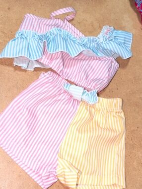 SHEIN Striped Pastel Two-Piece Set - Pink, Blue & Yellow Size 6-9M